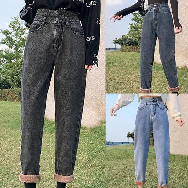 

2020 winter woman jeans plus velvet solid color fashion plus size ripped jeans trousers high waist streetwear woman pant, Blue