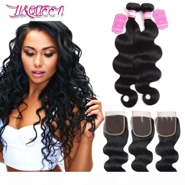 

brazilian body wave 8-28inch 2 bundles double weft weave virgin human hair extension with 4x4 lace closure natural color, Black;brown