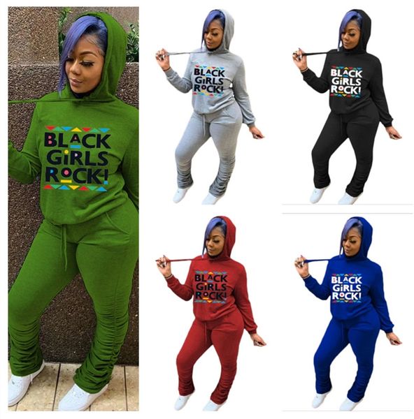 

women black girls rock letters tracksuit winter fleece hooded hoodies wrinkle legging pants two piece outfits trousers sport suit e121505, Gray