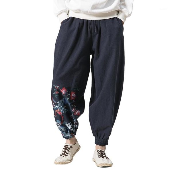 

cotton linen harem cross pants men jogger pants male summer floral print hawaii beach trousers 2018 summer jogger1, Black