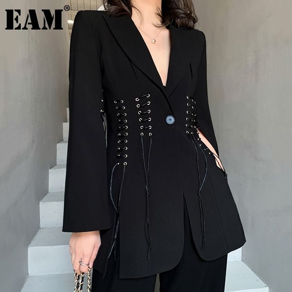 

[eam] women black bandage vent stitch blazer new lapel long sleeve loose fit jacket fashion tide spring autumn 1db308 201201, White;black