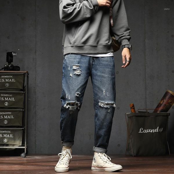 

american style dilapidated jeans casual pants blue patch jeans men's loose autumn and winter fashion men's pants jean1