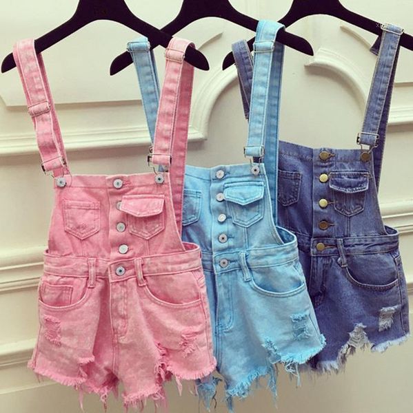 

2020 women denim jeans single-breasted casual hole jumpsuit romper overalls jeans shorts1, Blue