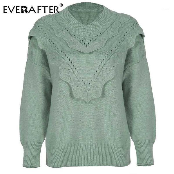 

everafter casual v-neck women sweater autumn winter lantern sleeve ruffle knitted sweater solid ladies geometric pullover jumper1, White;black