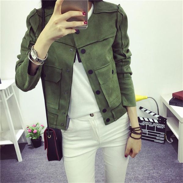 Jaquetas femininas Atacado- 2021 High Street Senhoras Soft Camurça Jaqueta Mulheres Vintage Faux Leather Casual Exército Curto Verde Verde Outwear Tops SL