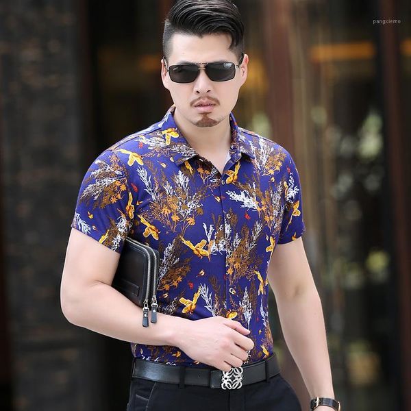 

2020 design men's summer fashion flowers short sleeve cotton shirt1, White;black