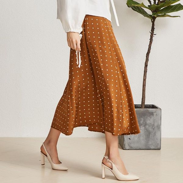 

retro caramel color wave point 16 mimi silk double thin a line high waist midi skirt, Black