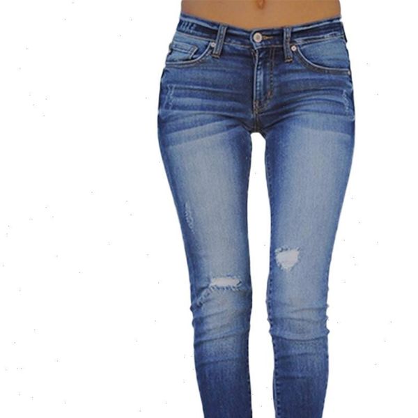 

sagace 2020 womens autumn stretch slim thin hole casual jeans solid color waist zipper nine pants womens sale, Blue