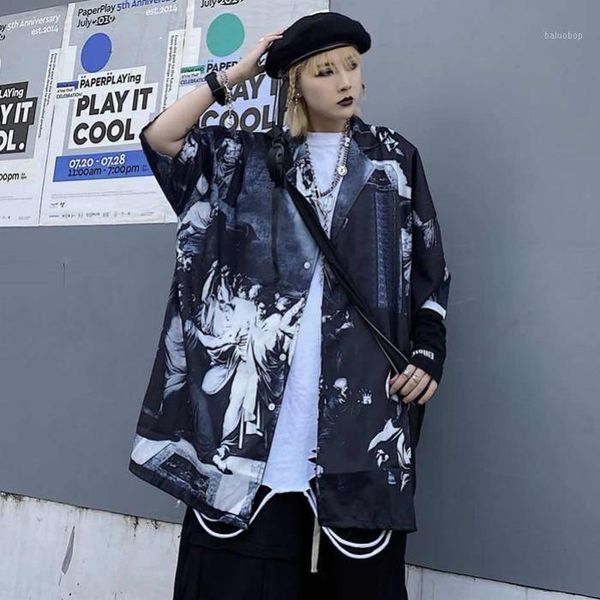 

women shirts summer 2020 blouses hip hop punk gothic shirts retro graffiti pattern loose casual men streetwear short sleeve1, White
