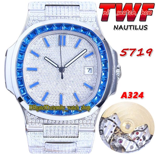 

2022 twf 5719 pp324 a324 automatic mens watch paved fully iced out diamonds blue dial t diamond bezel stick stainless steel bracelet eternit, Slivery;brown