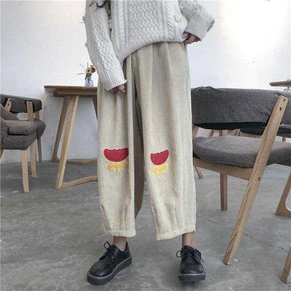 

autumn new design flower patch elastic waist ankle-length pant women preppy style ladies cotton wide leg pants ladies tr, Black;white
