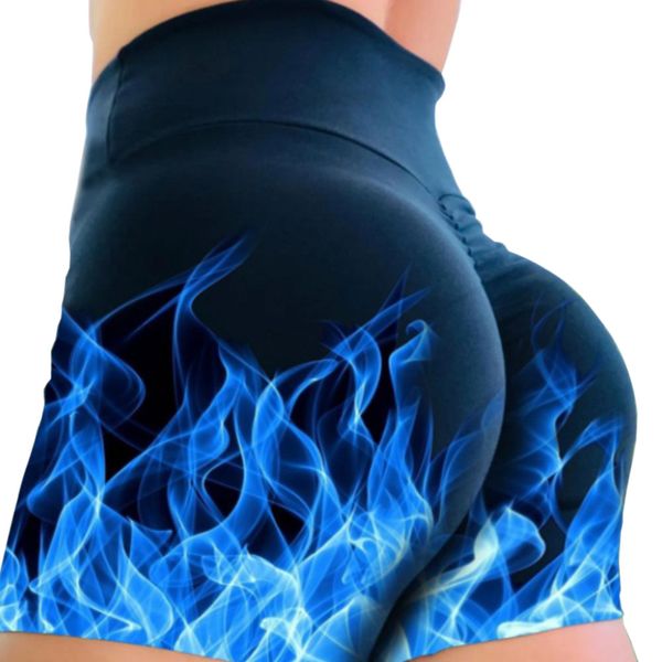 

new women's yoga shorts high-waisted slim blue flame print yoga pants high-waisted buttock lift yoga shorts, White;black