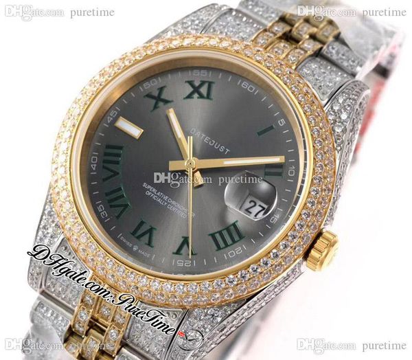 

2021 twf 41 date just two tone yg fully iced pave diamond gray green roman dial a3255 automatic mens watch diamonds bracelet puretime e05, Slivery;brown