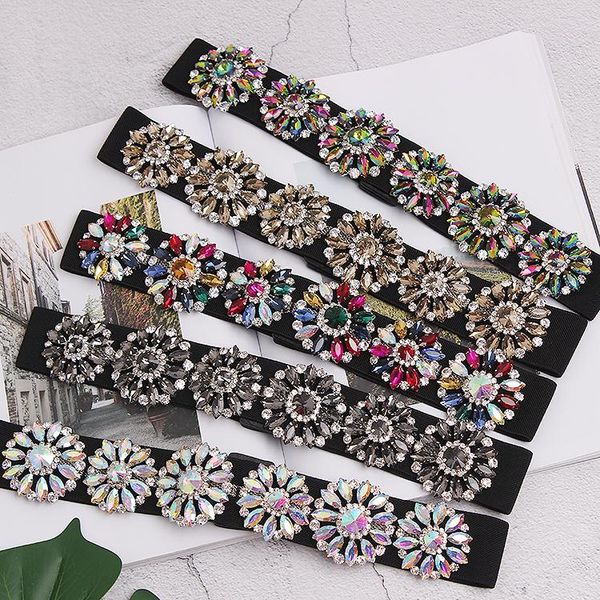 

handmade bling glass rhinestone waist belt women flower crystal elastic waistband women summer dress belt corset strap girdle, Black;brown