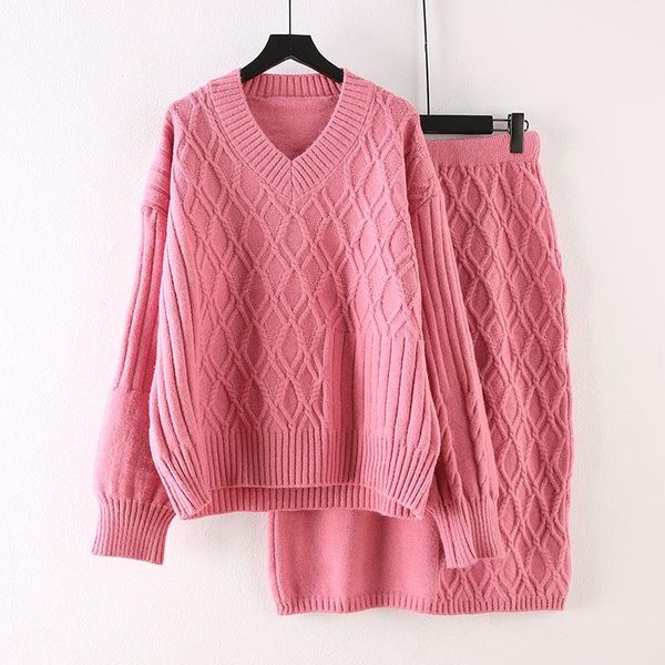 

superaen autumn and winter clothes 2020 new plus size solid v neck sweater skirt two piece set women, Gray