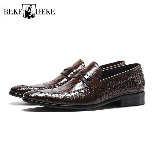 

mens 2020 business summer formal slip-on crocodile pattern men british style 100% genuine leather shoes wedding loafers1, Black