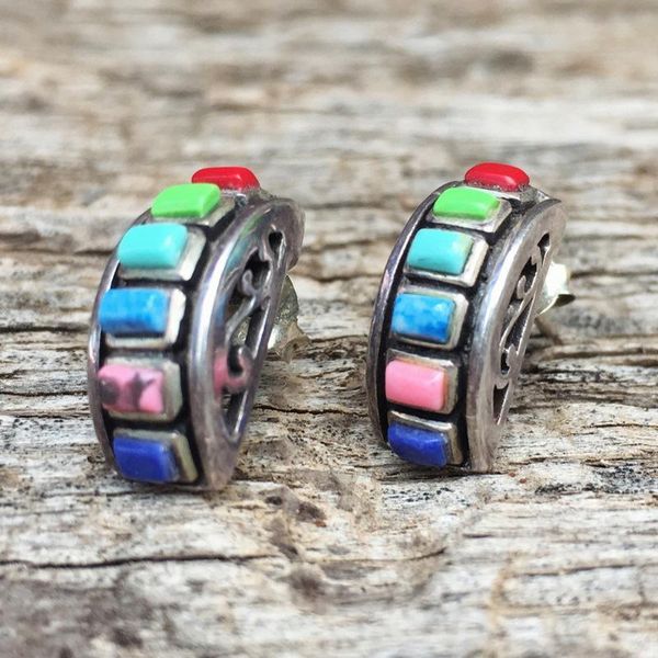 

stud bohemian colorful turquoises stone earring vintage jewelry antique silver color rainbow single row accessory, Golden;silver