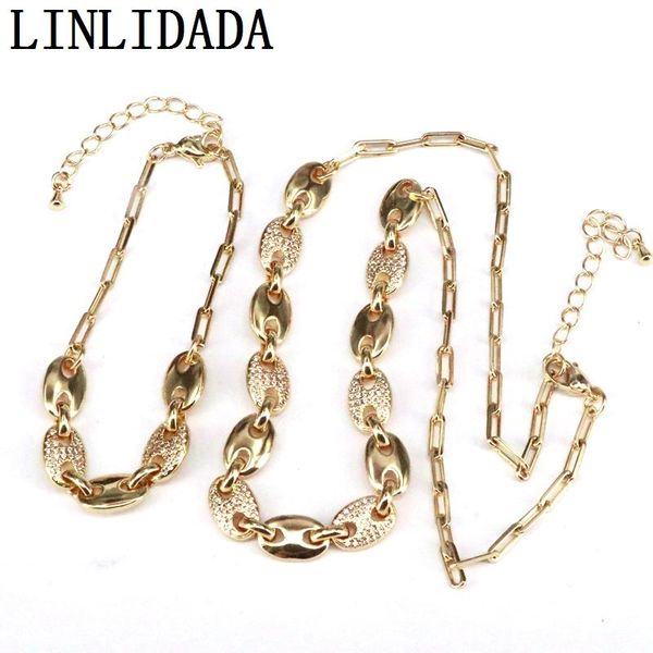 

chains 5pcs coffee bean necklaces gold plated cz pig nose link bracelets set punk hip hop handmade jewelry, Silver