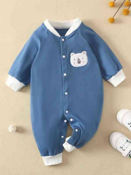 

baby bear embroidered raglan sleeve baseball collar jumpsuit she, Blue