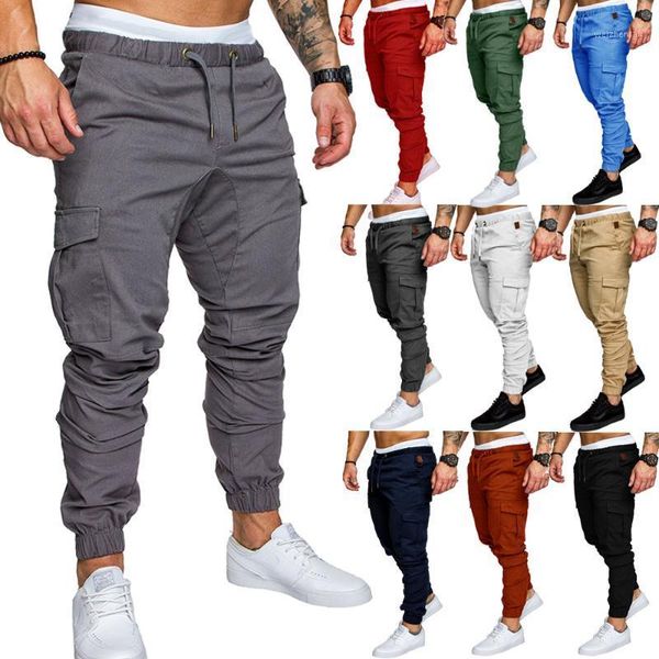 

2020 new fashion men solid colors elastic waist casual pants multi pockets cotton teenagers sports fitness streetwear trousers1, Black