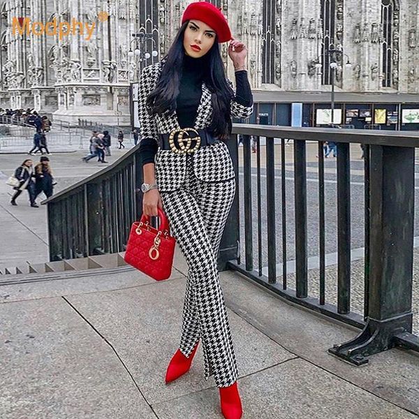 

elegant houndstooth bandage women's set 3/4 sleeve jacket & trousers 2 two-piece party runway pants suit female 2020 fashion new1, Gray