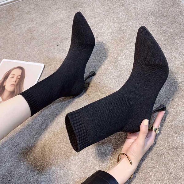 

boots stiletto high heels knitting ladies pointed toe stretch fabric mid-calf booties slim weaved sock botines winter botas1, Black