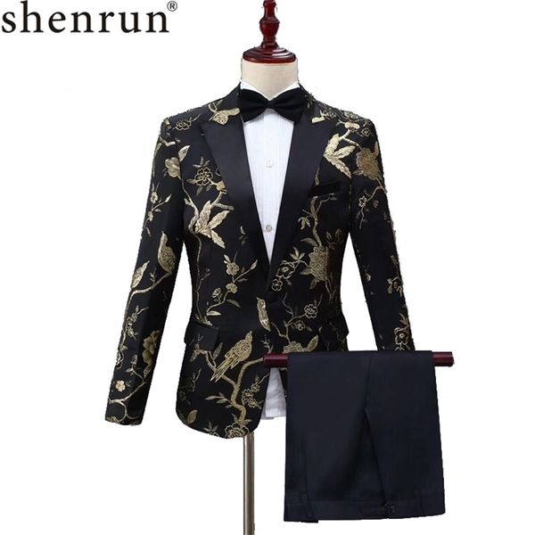 SHENRUN Nuovo design Mens Elegante ricamo Royal Blue Verde Rosso Motivo floreale Abiti Stage Singer Wedding Groom Tuxedo Costume 201106