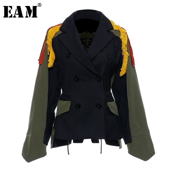 

[eam]big size striped contrast color pattern print jacket new lapel ribbon loose fit women coat fashion autumn winter 2020 jz521 y200101, Black;brown