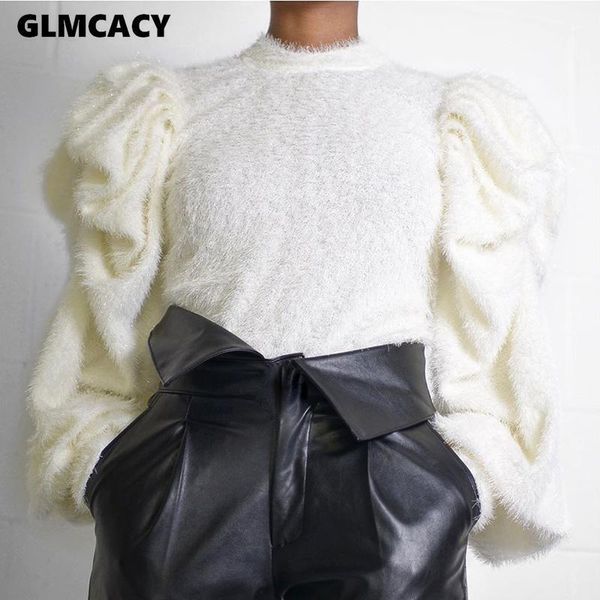

women fluffy puff sleeve sweater autumn o neck patchwork cozy mohair sweater vintage casual pullover 1, White;black