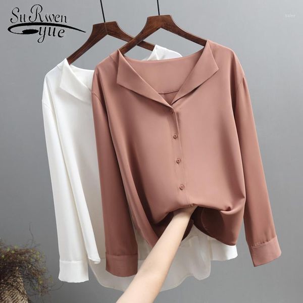 

casual solid female shirts outwear 2019 autumn new women chiffon blouse office lady v-neck button loose clothing 5104 501, White