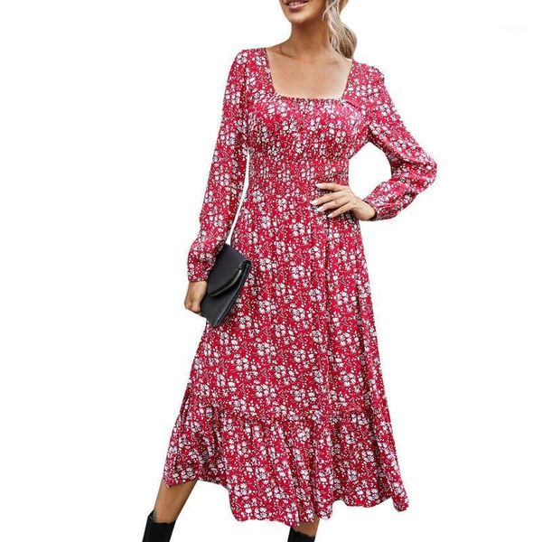 

spring autumn elegant vintage holiday dress ladies retro square collar dress ladies long-sleeved floral1, Black;gray