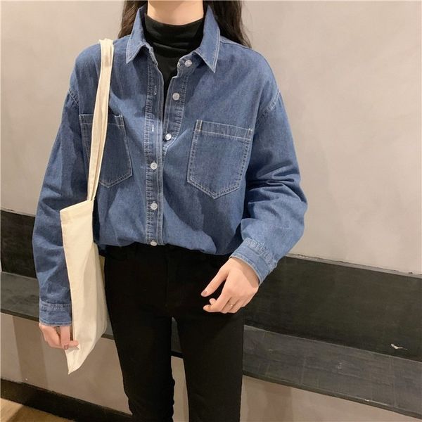 

2021 new vintage women's solid blue single brim breasted long sleeve pockets denim shirts hongkong style clothing op38, White