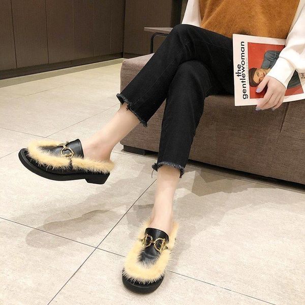 

2020 fashionable and popular new round head fur integrated ladies casual warm indoor slippers 1287, Black