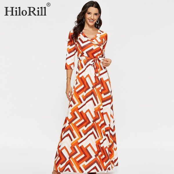 

hilorill women casual maxi dresses 2020 autumn half sleeve geometric printed long dress v neck sashes dress tunic vestidos mujer1, White;black