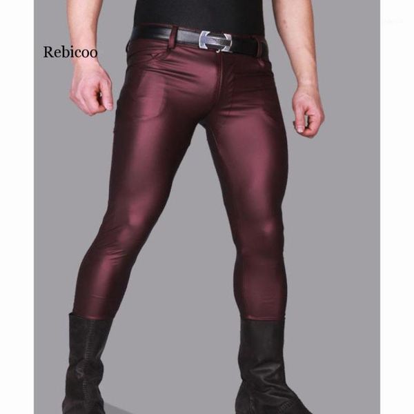 

casual leather pants thin matte light faux leather pants stretch tight leg casual stage male pencil trousers1, Black