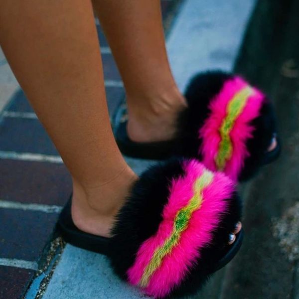 

new women warm fluffy fur slippers girl's cute charming plush fur slides vacation open toe sandals beach flip flops wholesale #4b6m, Black