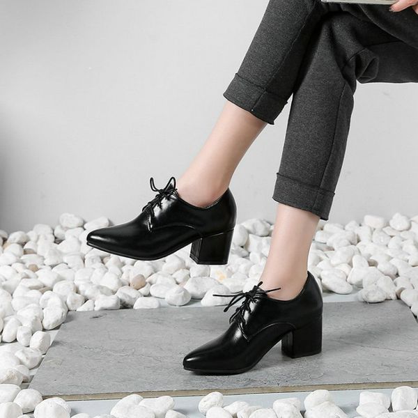 

autumn plutonium pointed toe square foot waddle high heels oxford woman lace up brogues shoes ladies bombs, Black