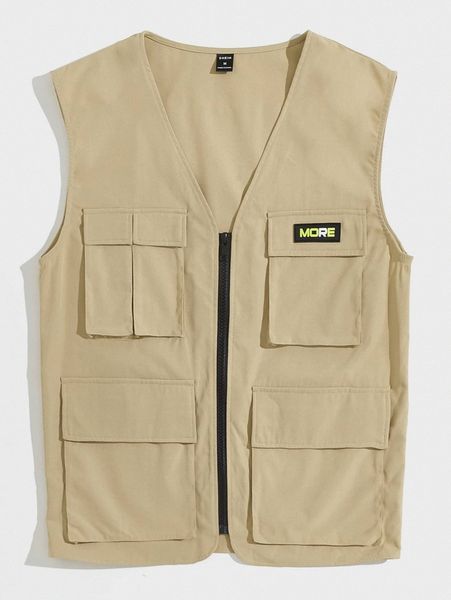 

men letter patch detail zip up vest jacket i4xi#, Black;brown