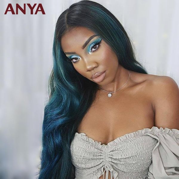 

anya peacock blue colored lace front wig pre plucked body wave human hair wigs transparent lace 30inch malaysia hair for women, Black;brown