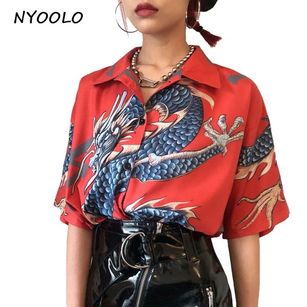 

nyoolo summer vintage design dragon print turn-down collar short sleeve shirt men and women japan style casual blouse y200422, White