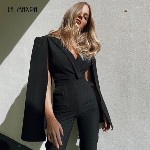 

2020 new autumn women's v-neck cape sleeve black jumpsuit celebrity elegant designer slim ladies party jumpsuit1, Black;white