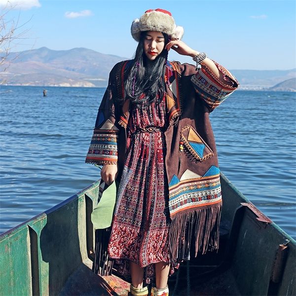 

aigyptos-mx]national trend autumn womenvintage hippie style oversized loose exotic embroidery patchwork tassel suede trench coat 201031, Tan;black