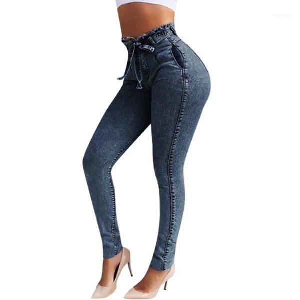 

women skinny elastic butto loose denim casual small feet slim fit pockets jeans female clothes 12.41, Blue