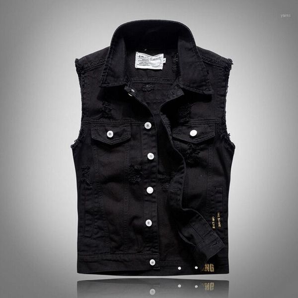 

nice men denim vest hole sleeveless jean jacpersonality slim wave men's cowboy horse clip cowboy vest black print1, Black;white