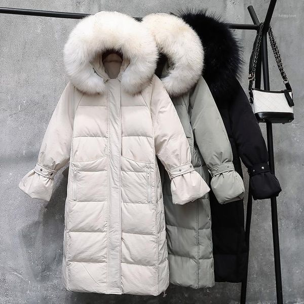 

2020 new winter jacket women down jacket white duck down thick warm big fur collar hooded female long parka coat m4041, Black
