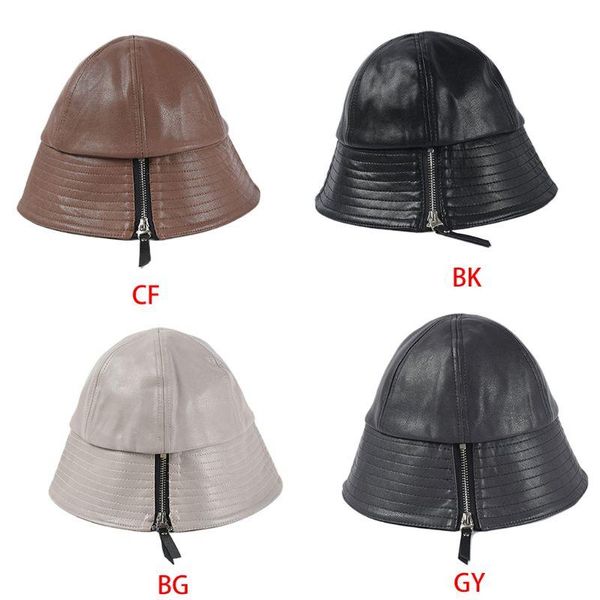 

women artificial leather zipper decoration bucket cap solid color lady leisure adjsutable foldable hip hop dome fisherman 2xpd, Blue;gray