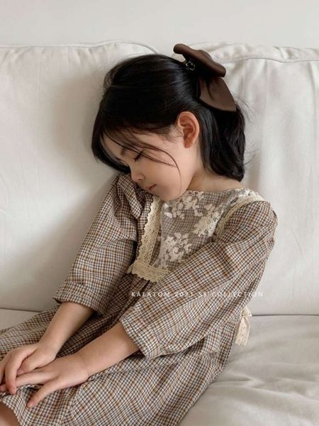 

spring new kalatom children's wear girls' korean casual plaid lace drs, Red;yellow