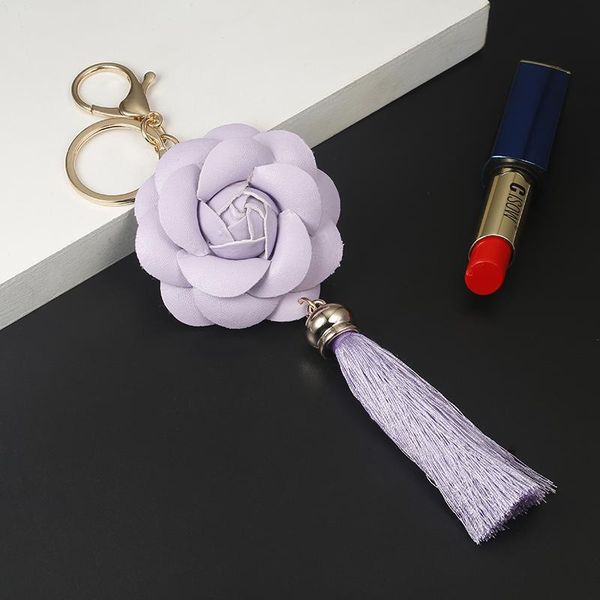 

new arrival camellia leather flower with tassel key chain golden fashion key ring women bag pendant car keychain eh883 h bbyuen, Silver