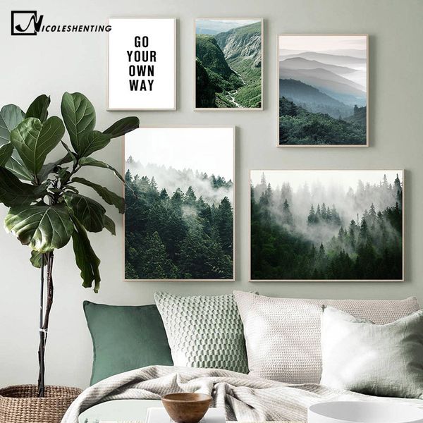 

mountain foggy forest picture nature scenery scandinavian poster nordic decoration landscape print wall art canvas painting q1218