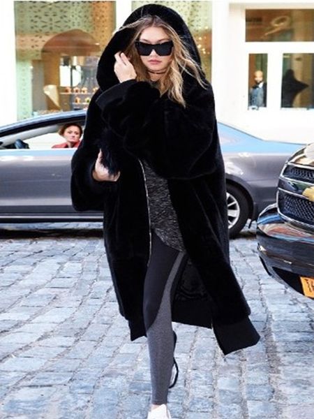 

long faux fur jacket coat women winter hooded thick warm oversized chunky outerwear overcoat lambswool coats, Black